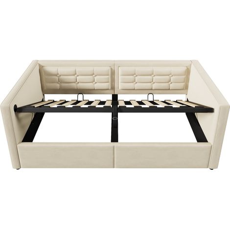 Cama banqueta 90x200 cm de terciopelo beige con almacenaje hidráulico y USB-C (1/5)