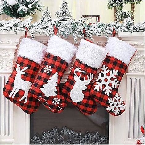 4 chaussettes de Noël 50 cm, bas à suspendre en peluche et lin, sac cadeau festif avec motifs renne et bonhomme de neige, pour décoration intérieure (1/4)