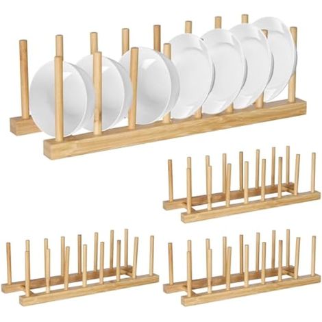 Lot de 4 supports de drainage, porte-assiettes en bois, petit design à 7 compartiments, étagère de cuisine pour assiettes, vaisselle, livres, CD, planches à découper et couvercle de casserole (1/5)