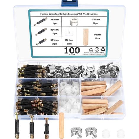 100 pcs Connecteurs de Meubles Excentriques, comprend vis d'insertion, écrous en plastique, fixation de came, chevilles en bois, Kit de vis de fixation pour Meubles, Armoire (1/5)