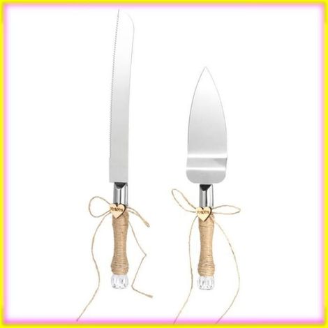 keenso Ensemble couteau et serveur à gâteau de mariage |Stainless Steel Wedding Cake Knife table gateau Dentelle de toile de jute (1/5)