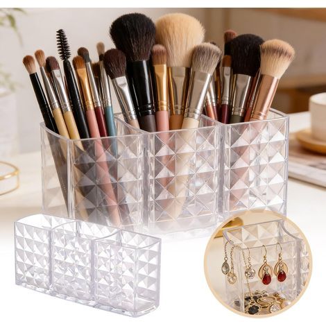 Pot à crayons en acrylique transparent à 3 compartiments pour stylos, crayons, pinceaux de maquillage, pot à stylos pour salle de classe, bureau, acrylique (transparent) (1/5)