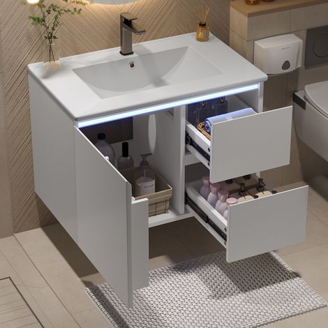 Meuble de salle de bain suspendus 76x46x50cm - éclairage LED - 2 tiroirs - vasque intégré - blanc(robinet non inclus) (1/5)