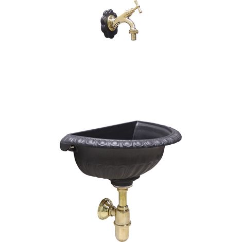Fontana a muro Liberty per casa giardino da parete esterno balcone grigio ghisa con rubinetto e sifone in ottone : lucido (1/3)