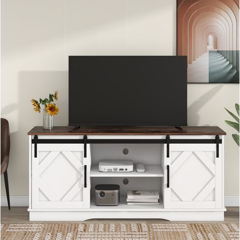 Mobile TV 150x40x60 cm bianco e marrone in pannello di particelle, 2 ante scorrevoli (1/5)
