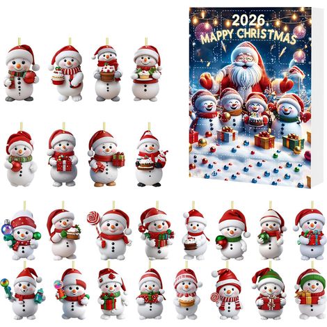 Schneemann-Adventskalender 2026 – 24 niedliche 2D-Acryl-Hängeornamente mit verschiedenen Schneemannfiguren – 24-tägiger Countdown-Kalender f (1/5)