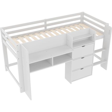 Cama semialta 90x200 cm con forma de casa, almacenamiento y escritorio, blanca, MODENUIT (1/5)