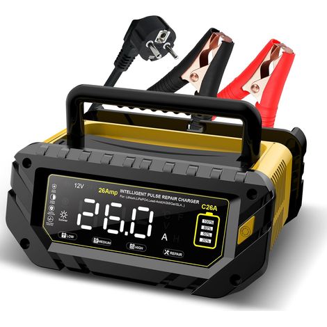 Chargeur intelligent 26A, 6V/12V/24V, écran LCD, entretien, charge d'entretien et sulfatation pour AGM, lithium, LiFePO4, acide plomb (moto, camping-car) (1/5)