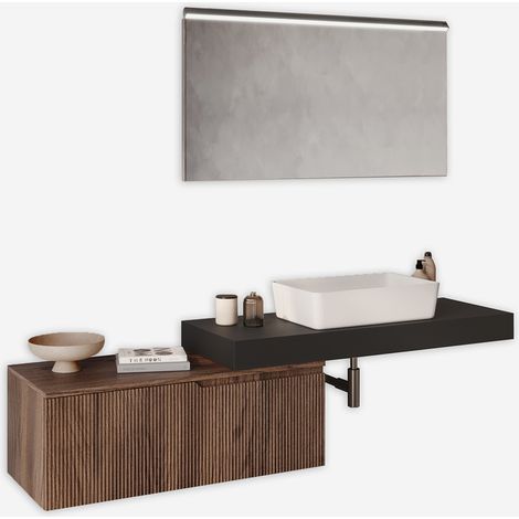 Mobile bagno sospeso con specchio LED e lavabo base antracite Venere - Marrone Scuro