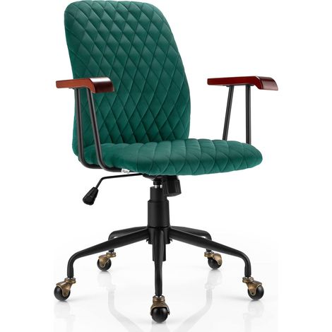 COSTWAY Velvet Office Chair, Ergonomic Swivel Computer Desk Chair with Rubber Wood Armrests, Adjustable Rolling Rocking Executive Task Chairs Tufted Leisure Seat for Home Office Bedroom (Green)