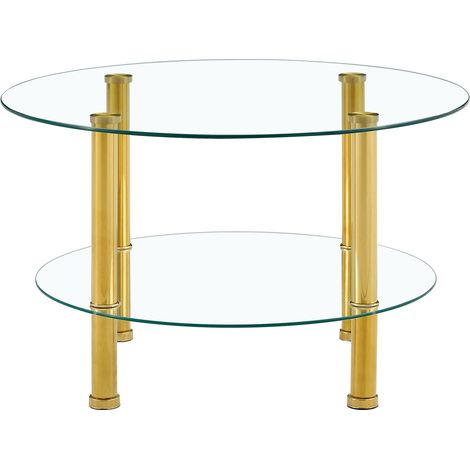 Runder zweistöckiger Couchtisch aus gehärtetem Glas mit goldfarbenen Metallbeinen 70 cm (1/5)