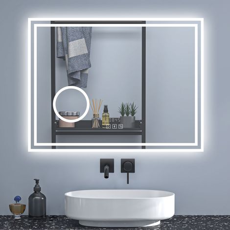 80x60cm Illuminated Bathroom LED Mirror with Bluetooth Optional 3 Colour Light Clock Magnifier Anti-fog,Touch Switch