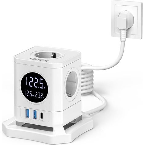Cube Multiprise avec LCD Écran, Consommation Électrique Surveillance Multiprise USB Bloc avec 4 Prises (4000W/16A) et 3 USB, Bloc Multiprise avec Interrupteur pour Domicile, Bureau (1/5)