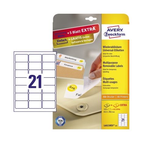 AVERY ZWECKFORM Universaletikett Avery Zweckform 63,5 x 38,1 mm (B x H) wieder ablösbar Papier weiß 630Etik./Pack.