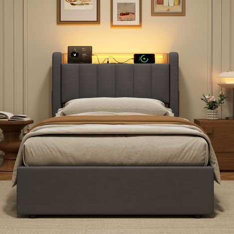 Bett 90x190 cm Gepolstert mit Hydraulischem Bettkasten, Integrierter LED und USB, Weicher Samt, MDF/Metall-Struktur - Moderne Platzsparende Lösung