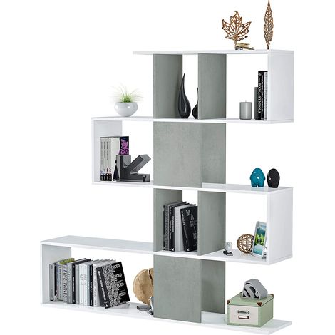 Mobimarket – Étagère ZigZag en ciment blanc mat 145x29x145 cm – 4 tablettes en zigzag – Design moderne pour séparation de pièces (1/7)