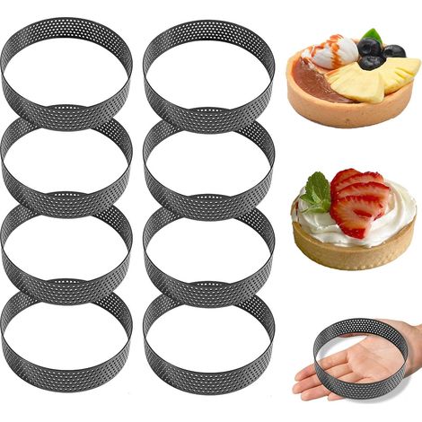 8 Pièces Cercle à Pâtisserie, Acier Inoxydable, 10 cm, Perforé, Moule à Tarte, Noir, pour Desserts DIY (1/5)