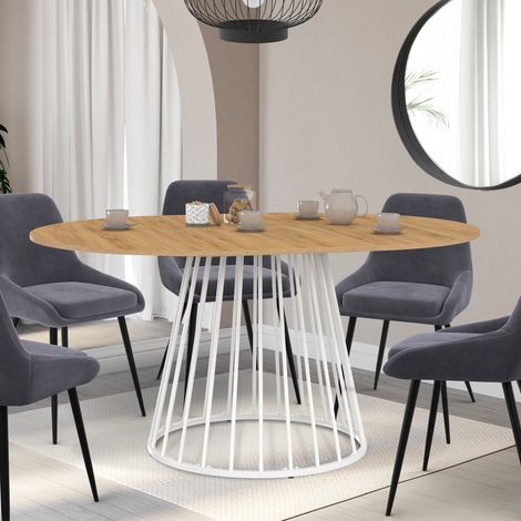 Mesa de comedor redonda extensible YUNA para 4-8 personas con tablero de madera y pata de alambre de metal blanco 110 - 150 cm