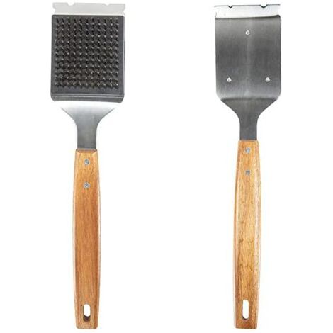 Brosse et grattoir pour barbecue - Brosse extérieure avec manche en bois large et allongé et tête de brosse remplaçable en acier inoxydable - Anti-rayures - Convient à tous les barbecues (1/5)