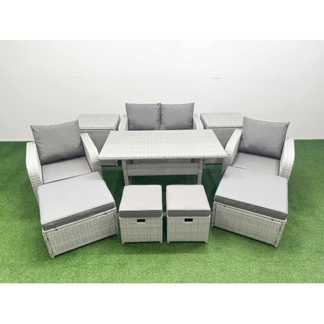 Fimous PE Rattan Lounge Sofa Set 8 Seater Outdoor Garden Furniture Set with Dining Table Love Sofa 2 Big Footstools Light Grey (1/4)
