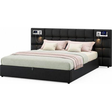 Lit coffre 180 x 200 cm avec USB, recharge sans fil, lampe LED, tête de lit rembourrée, rangement hydraulique, cuir régénéré noir pour chambre moderne - CHICFURN (1/5)