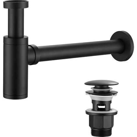 Siphon de lavabo avec bonde, tuyau d'évacuation avec ouverture de nettoyage – Tuyau d'évacuation universel 1 1/4" – Siphon anti-odeurs, acier inoxydable, noir (1/5)
