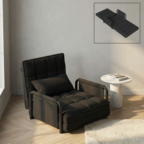 Poltrona letto singola convertibile 82x73x55 cm, chaise longue letto d’emergenza con schienale regolabile in 5 posizioni e cuscino, tessuto bouclé, design moderno, Nero