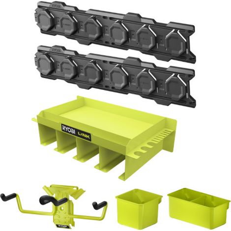 Confezione RYOBI LINK System 2 guide a parete - Scaffale multiuso - Cestino singolo e doppio - Gancio