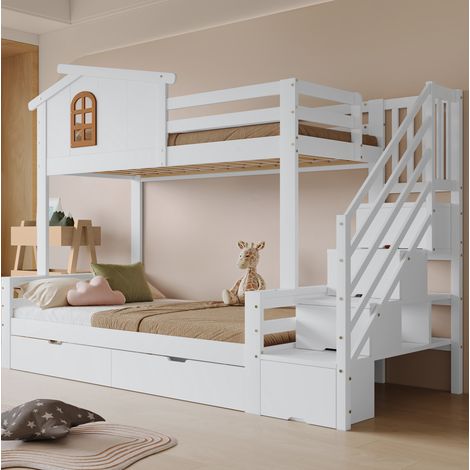 Litera infantil de madera maciza y MDF blanco y natural, 90x200/120x200 cm, con 2 cajones y escalera de esquina. (1/5)