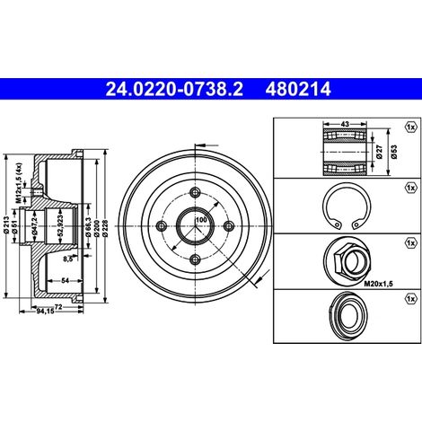 Lot de 2 Tambours de frein ATE 24.0220-0738.2 OPEL 4 18 001 9196290