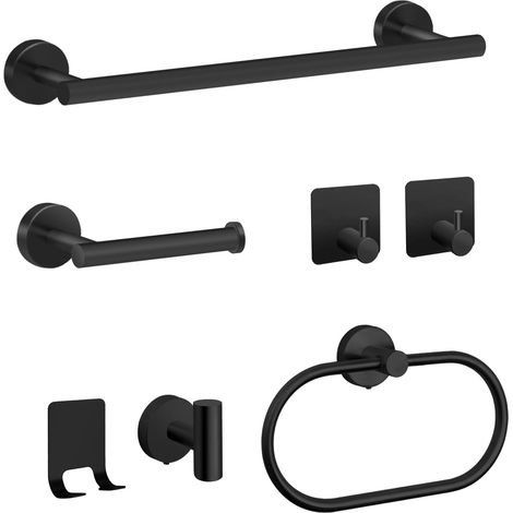 Ensemble d'accessoires de salle de bain 7 pièces en acier inoxydable mat noir mat comprenant un porte-serviettes de 40 cm, un porte-papier toilette, un anneau porte-serviettes, 4 crochets (1/5)