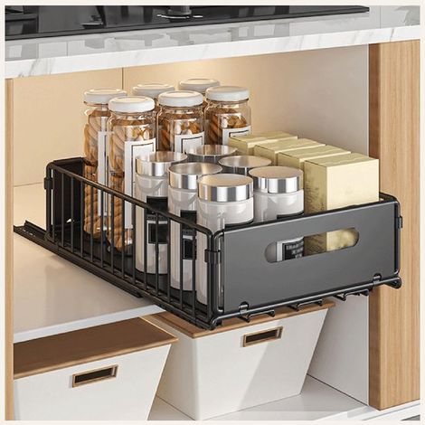 Panier de rangement extensible pour placard – Panier de rangement – Étagère de rangement – 24,5 x 37,5 x 10 cm – Fer – Noir (1/5)