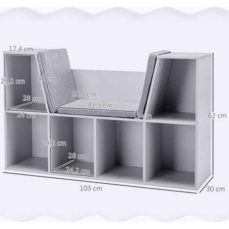 MEUBLIV Libreria per bambini grigia con panca, 6 vani e 3 cuscini 103x30x62 cm (1/5)
