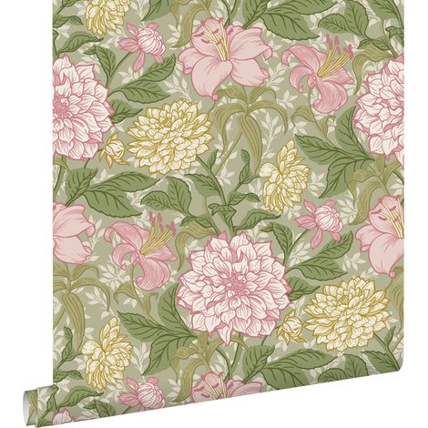papier peint fleurs vintage violet, vert et jaune  - ESTAhome (1/5)