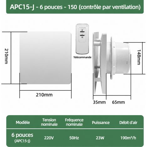 Extracteur d'air mural et fenêtre APC15-J 6 pouces 150 mm avec télécommande 15W apc15-j6 150 réf 5884 22 × 22 × 11,2 cm 1 kg – Livraison gratuite
