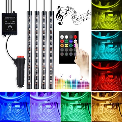 Seven-colour LED ambient car lighting kit, 48 LEDs, 5V, with 1-4 wireless remote control, smart voice control.