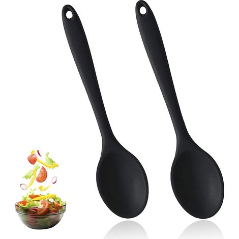 Lot 2 grandes cuillères silicone noires – résistantes chaleur – mélanger/servir – sans BPA (1/4)