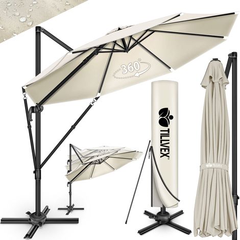 tillvex Parasol haut de gamme en aluminium beige 330 cm + housse et pare-vent  Parasol déporté 6 positions avec manivelle  Parasol de jardin pivotant et inclinable à 360°  Grand parasol à manivelle, p