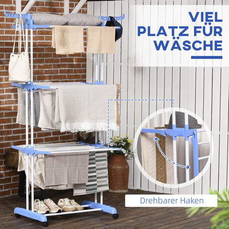 Sèche-linge pliable à 4 étages, 4 roulettes dont 2 à freins, cadre métallique, bleu et blanc, 73 x 64 x 177 cm (1/4)