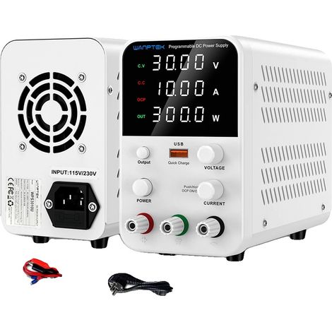 Fuente de alimentación de laboratorio, voltaje de salida ajustable, diseño compacto, color blanco, 30 V 10 A (1/2)