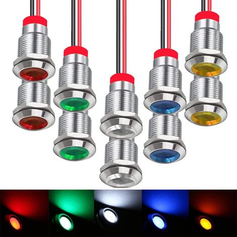 10pcs 110V-220v 12mm DC Voyant Led En Metal,Led Indicateur Panneau,Temoin Lumineux, Pour Van,Bateau Et Autres Vehicules Universel(vert × 2 jaune × 2 rouge × 2 bleu × 2 blanc × 2) (1/5)