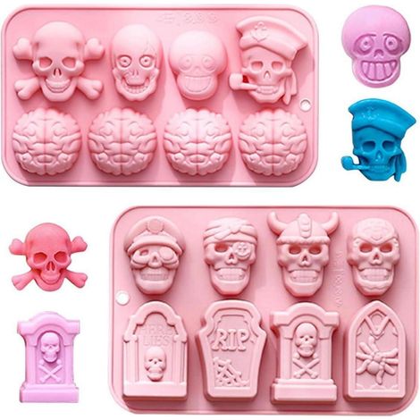 Halloween Silikonform Set: 2 Stück Totenkopf, Grabstein, Gehirn für Eiswürfel, Schokolade, Süßigkeiten (1/5)
