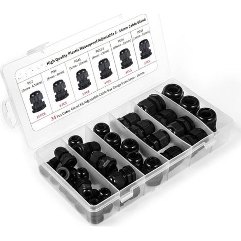 Kabelverschraubungen, Set mit 34 wasserdichten Kabelverschraubungen aus Kunststoff, PG7, PG9, PG11, PG13,5, PG16, PG19 (1/4)