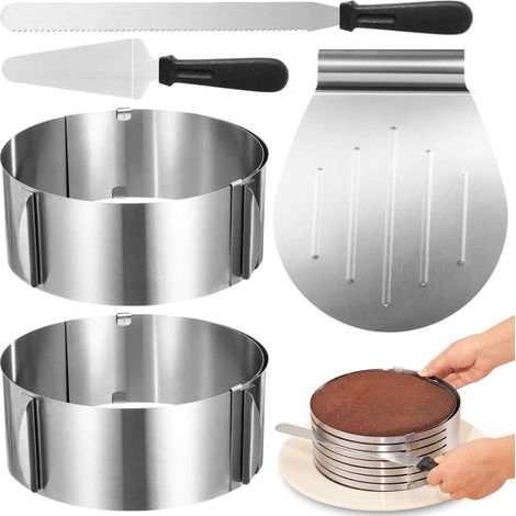 Cake Rings Set of 5 Adjustable 8cm Tall and Help Cut Cake Bottom - Stainless Steel Cake Accessories with Cake Cutter, Sauté Pan and Palette - Cake Ring (1/5)