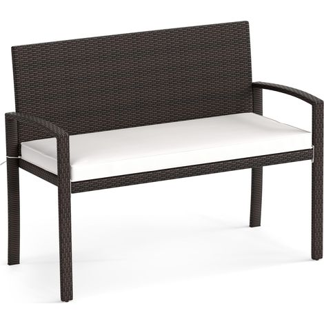 COSTWAY Patio Rattan Loveseat Wicker 2-Seat Bench w/Soft Seat Cushion-White (1/5)