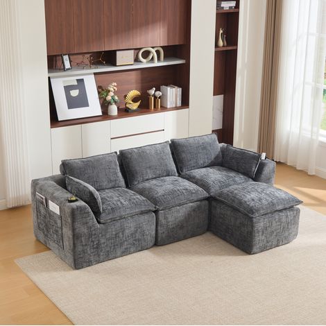REDOM - Sofá modular de 3 plazas con reposapiés, cojines y bolsillos laterales, chenilla gris oscuro (1/5)