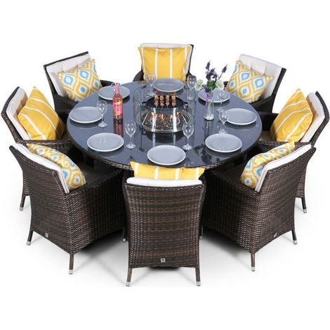 Savannah Fire Pit 8 Seater Round Rattan Dining Set - Brown (1/5)