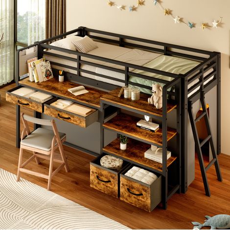 Cama alta infantil 90x200 cm de metal y MDF negro con escritorio y almacenaje - CHICFURN (1/5)