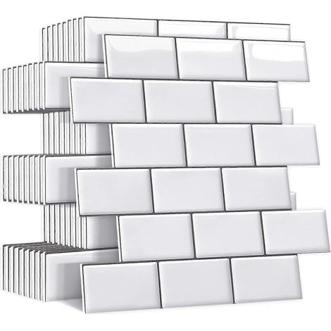 (Blanc)10 Pices Plus pais Credence Adhesive pour Cuisine Salle de Bain, Faux Carrelage Adhesif Mural Blanc Credence Cuisine Adhesive, ImpermAble Metro (1/5)