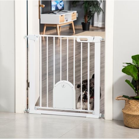 Absperrgitter für Haustiere, verstellbar, mit kleiner Tür, Stahl und ABS, Weiß, 76 cm hoch (1/5)